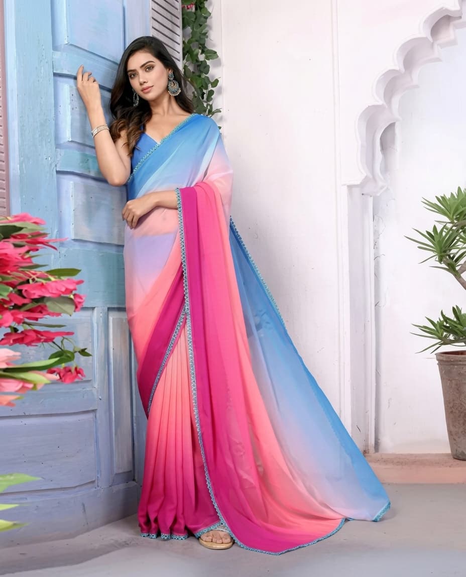 Fabdale Printed & Embellished Georgette Art Silk Saree